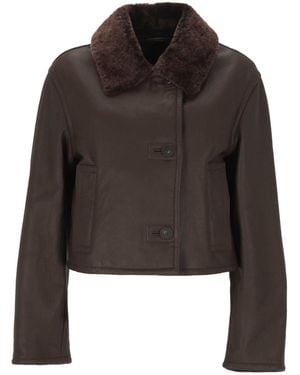 JOSEPH Liri Button-Front Long-Sleeve Leather Jacket - Brown