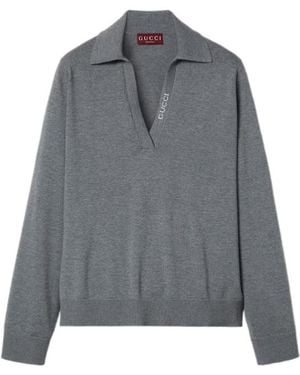 Gucci Logo Intarsia Collared Jumper - Grey