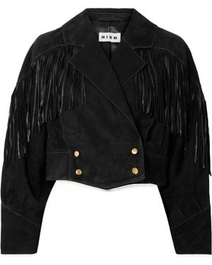 RIXO London Darragh Fringed Double-Breasted Suede Jacket - Black