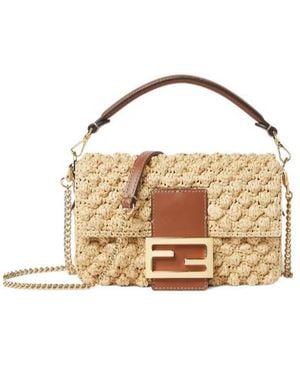 Fendi Baguette Mini Hazelnut-Stitch Natural Raffia Bag - Metallic