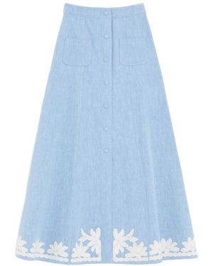 Valentino Embroidered Denim Midi Skirt - Blue