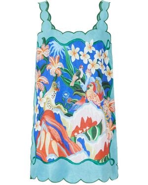 FARM Rio Floral-Print Linen Mini Dress - Blue