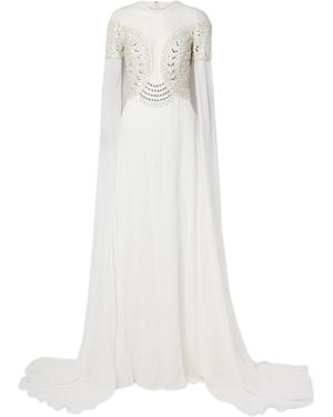 Georges Hobeika Tulle-Trimmed Embellished Georgette Gown - White