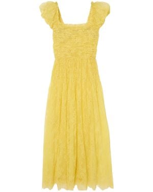 Doen Pamelina Ruffled Shirred Lace Midi Dress - Yellow