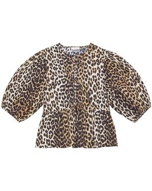 Ganni Leopard-Print Organic-Cotton Blouse - Brown