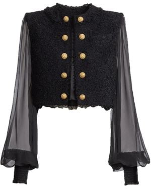 Balmain Cropped Tweed And Muslin Jacket - Black