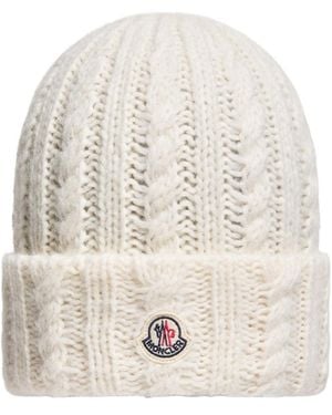 Moncler Cable Knit Wool Blend Beanie - White