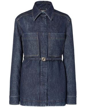 Fendi Ff Belted Denim Jacket - Blue