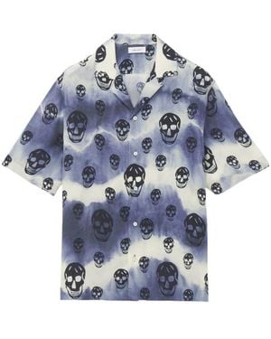 McQueen Skull Print Camp-Collar Shirt - Blue