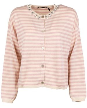 Seventy Striped Neck-Embellished Cardigan - Pink