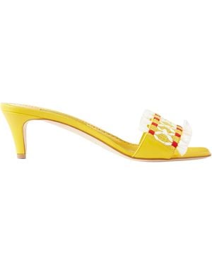 Manolo Blahnik Raffia-Trimmed Leather Mules - Yellow