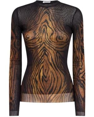 Jean Paul Gaultier Wood Grain Print Mesh Long-Sleeved Top - Brown