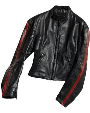 Gucci Leather Biker Jacket With Web - Black