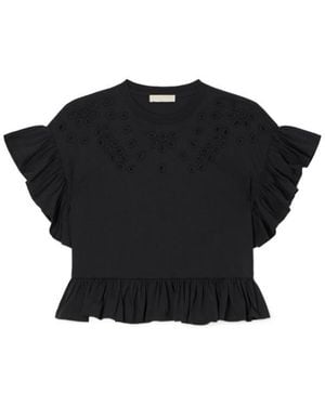 Ulla Johnson Ruffled Embroidered Round Neck Short Sleeve - Black