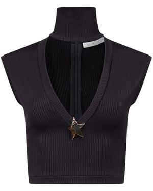 Area Star-Stud Rib-Knit Crop Top - Blue