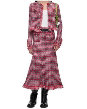Self-Portrait Check Frayed Knit Midi Skirt - Red