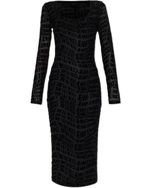 Versace Jeans Couture Logo-Print Long-Sleeve Midi Dress - Black
