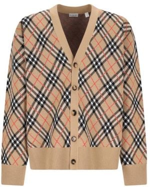 Burberry Checked V-Neck Buttoned Cardigan - Brown