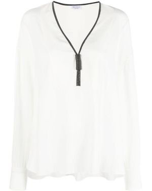 Brunello Cucinelli Monili-Trim Long-Sleeve Blouse - White