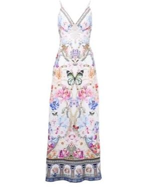 CAMILLA Crystal-Embellished Linen Slip Dress - White