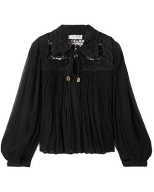 Sea Lace-Trimmed Crinkled Crepon Blouse - Black