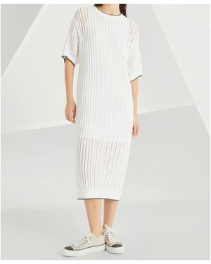 Brunello Cucinelli Ribbed-Knit Short-Sleeved Dress - White