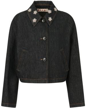 Marni Denim Jacket With Daisy Appliqués - Black