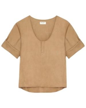 Saint Laurent Henley U-Neck Blouse - Natural