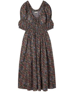 Doen Ischia Shirred Floral-Print Organic Cotton-Voile Midi Dress - Brown
