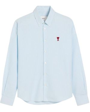 Ami Paris Logo Embroidered Pinstriped Shirt - Blue