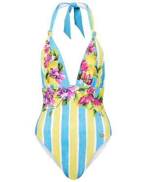 Dolce & Gabbana Printed Halterneck Swimsuit - Blue