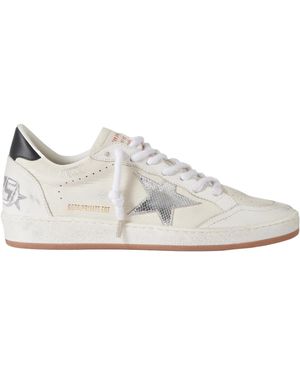 Golden Goose Ball Star Distressed Metallic-Trimmed Leather Trainers - White