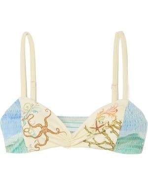 ALÉMAIS Shirred Printed Bikini Top - Blue