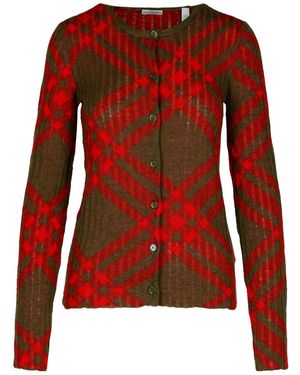 Burberry Checked Crewneck Button-Up Cardigan - Red