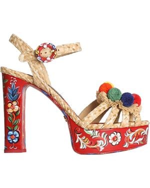 Dolce & Gabbana Raffia Platform Sandals With Embroidery - Red