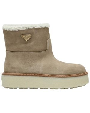 Prada Triangle-Logo Slip-On Boots - Natural