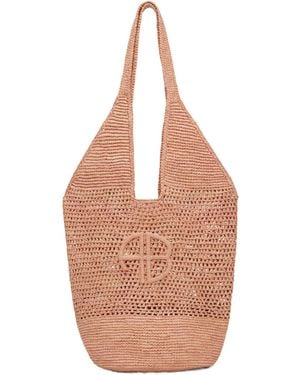 Anine Bing Leah Logo Raffia Shoulder Bag - White