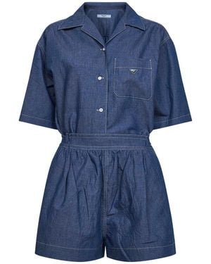 Prada Short-Sleeved Denim Jumpsuit - Blue