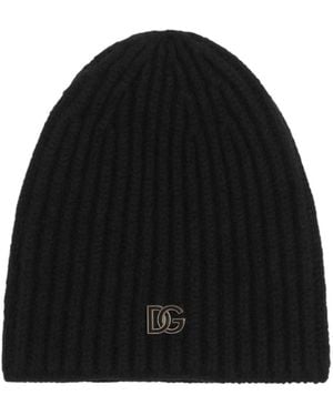 Dolce & Gabbana Ribbed Logo Knit Hat - Black