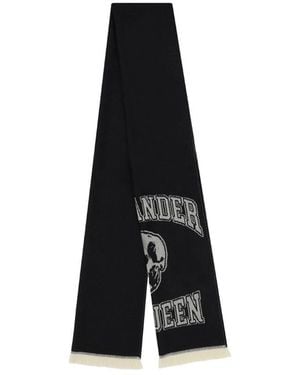 McQueen Logo Intarsia Knitted Fringed Scarf - White
