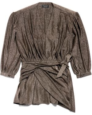 Balenciaga V-Neck Draped Long-Sleeve Dress - Brown