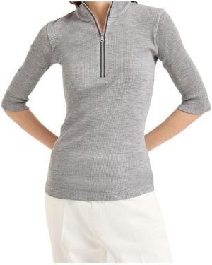 Brunello Cucinelli Ribbed Zip-Neck Top - Grey