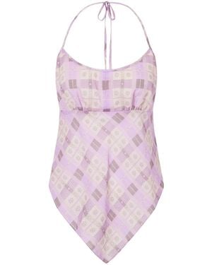 Anna Sui Apron Checked Printed Cotton-Voile Halterneck Top - Pink