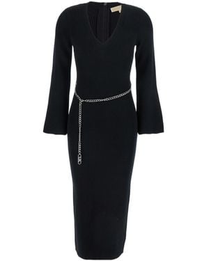 MICHAEL Michael Kors V-Neck Belted Midi Dress - Black