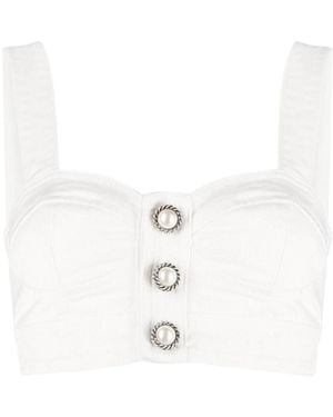 Alessandra Rich Pearl-Button Crop Top - White