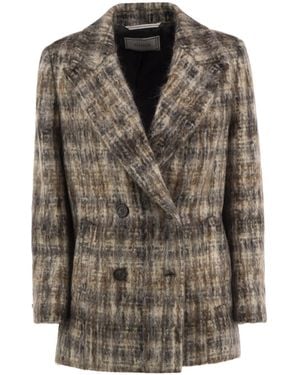 Peserico Double-Breasted Plaid Mohair-Blend Blazer - Brown
