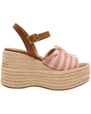 Chloé Striped Woven And Leather Wedge Sandals - Natural