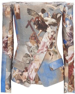 Balmain Sky Printed Off-The-Shoulder Canvas Jacket - Blue