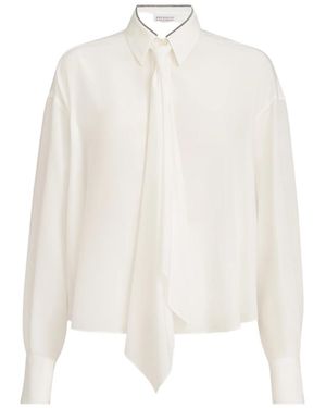 Brunello Cucinelli Silk Crêpe De Chine Shirt With Tie And Shiny Collar - White