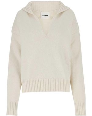 Jil Sander Long Sleeved Split-Neck Jumper - White